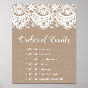 Burlap and Lace Wedding Order of Events Sign Poster