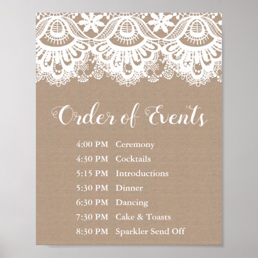 Burlap and Lace Wedding Order of Events Sign Poster (Voorkant)