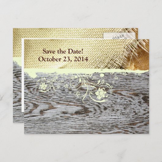 Burlap and Wood Country Bewaar de datum Aankondigingskaart (Voorkant / Achterkant)