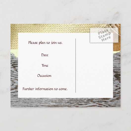 Burlap and Wood Country Bewaar de datum Aankondigingskaart (Achterkant)