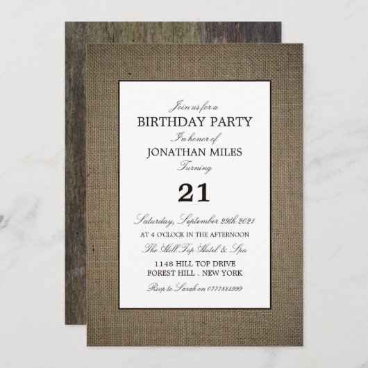 Burlap and Wood, Rustic Birthday Kaart (Voorkant / Achterkant)