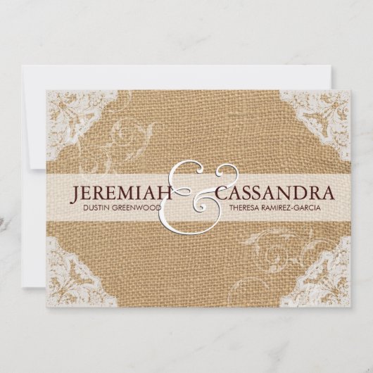 Burlap Antiek White Lace Wedding Invitation Kaart (Voorkant)