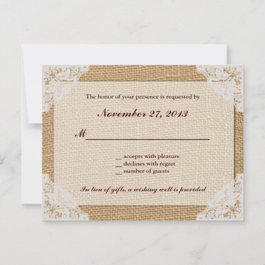 Burlap Antiek White Lace Wedding RSVP (Achterkant)