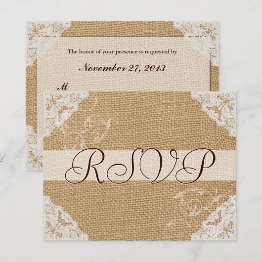 Burlap Antiek White Lace Wedding RSVP (Voorkant / Achterkant)