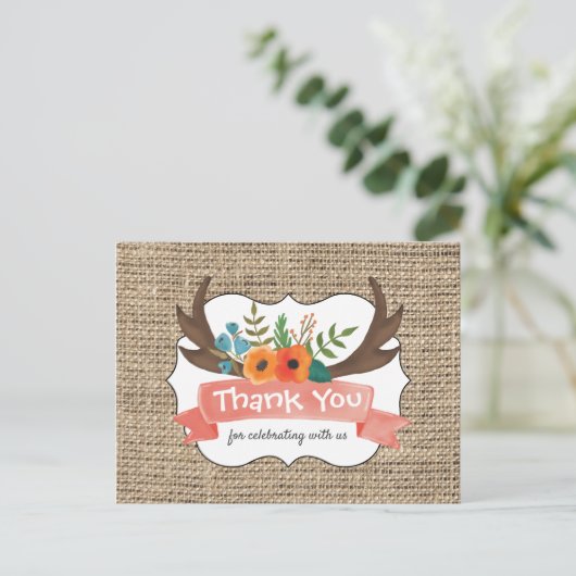 Burlap Antler Floral Baby shower Dank u Briefkaart (Staand voorkant)