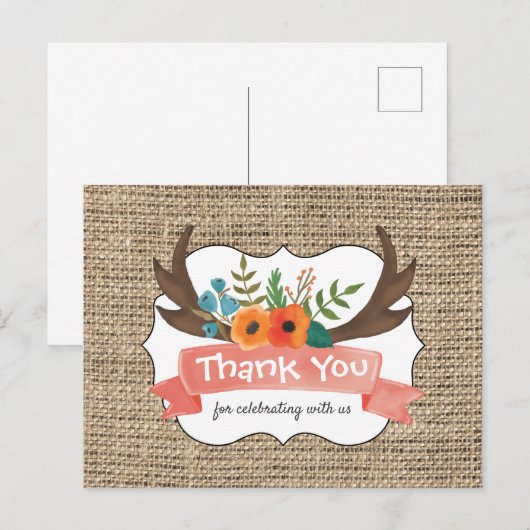 Burlap Antler Floral Baby shower Dank u Briefkaart (Voorkant / Achterkant)