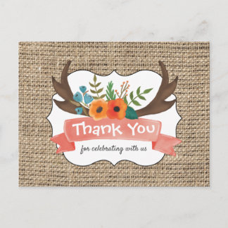 Burlap Antler Floral Baby shower Dank u Briefkaart
