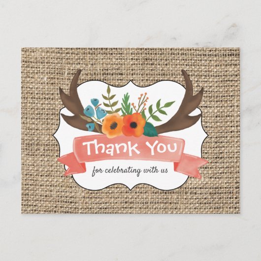 Burlap Antler Floral Baby shower Dank u Briefkaart (Voorkant)