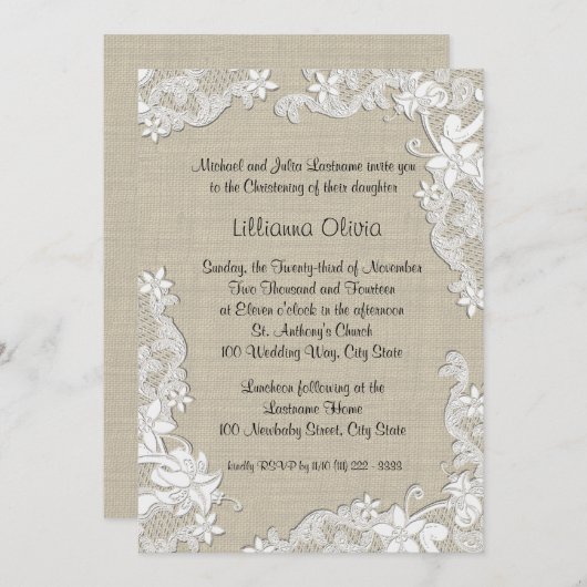 Burlap Baby-doop Kaart (Voorkant / Achterkant)