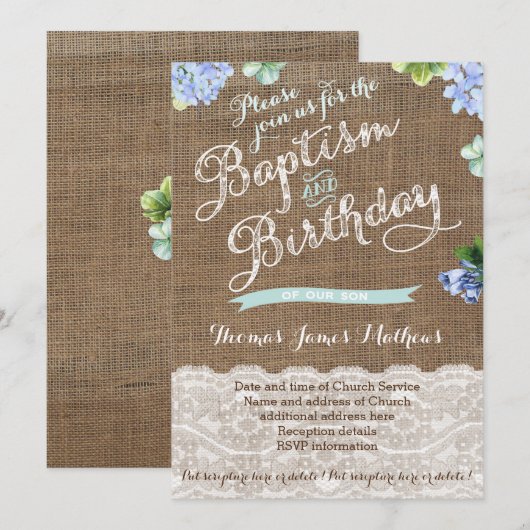 Burlap Baptism en Birthday uitnodigingen voor jong (Voorkant / Achterkant)