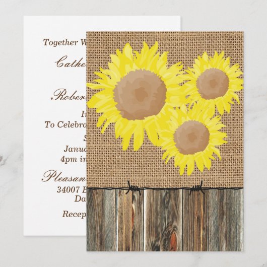 Burlap Barnwood Barbed Wire en Sunflower Invite Kaart (Voorkant / Achterkant)