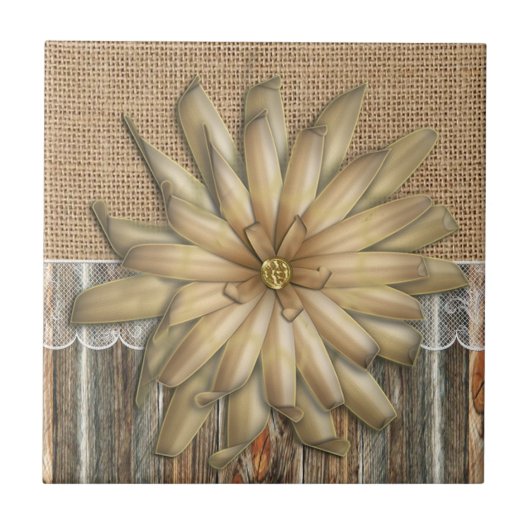 Burlap Barnwood Kant En Tan Bloem Tegeltje (Voorkant)