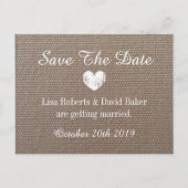 Burlap Bewaar de datum bruiloft briefkaart met har (Voorkant)