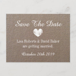 Burlap Bewaar de datum bruiloft briefkaart met har