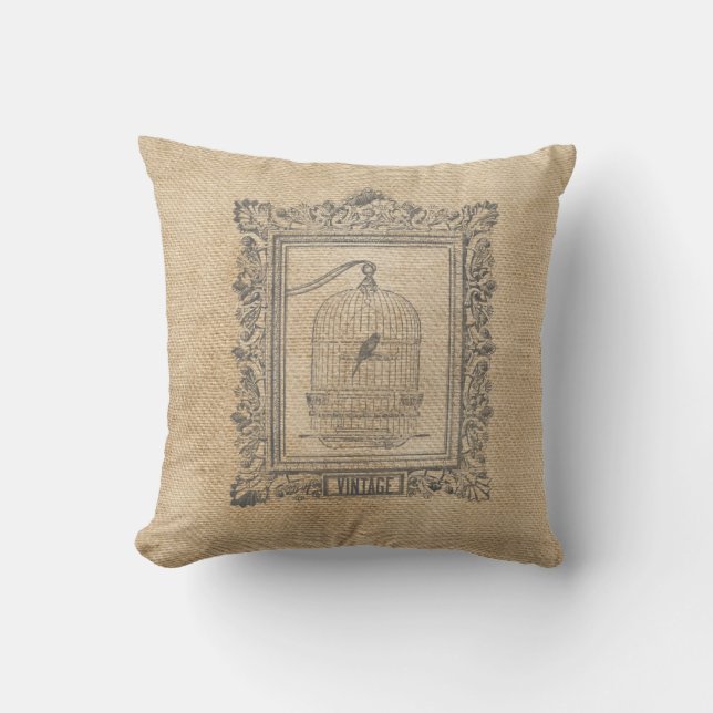 Burlap  Bird Cage in Lijst Kussen (Voorkant)