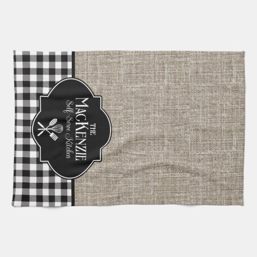 Burlap Black Buffalo Check gepersonaliseerd Theedoek (Horizontaal)