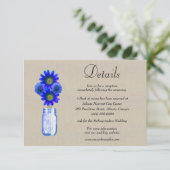 Burlap Blauw Bloemen Mason Jar Bruiloft Details Informatiekaartje (Staand voorkant)