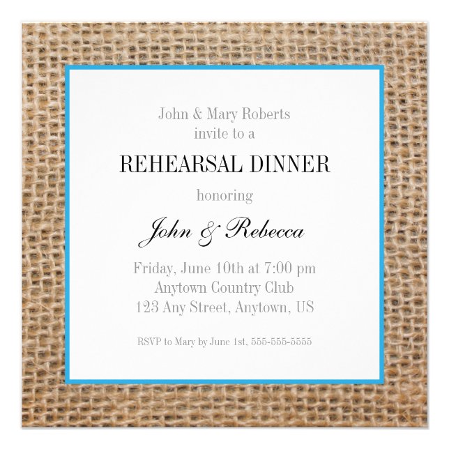 Burlap & Blue bruiloft repetitie diner 13,3x13,3 Vierkante Uitnodiging Kaart (Voorkant)