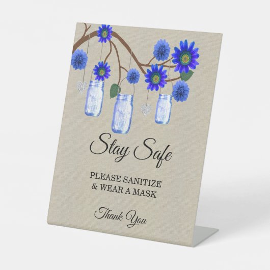 Burlap Blue Floral Mason Jar Wedding Safety Reclamebord Met Voetstuk (Voorkant)