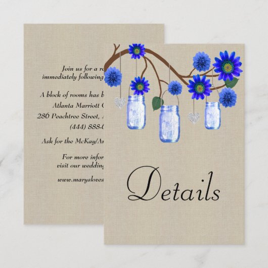 Burlap Blue Floral Mason Jars Wedding Details Informatiekaartje (Voorkant / Achterkant)