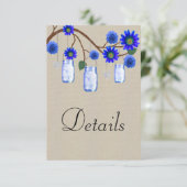 Burlap Blue Floral Mason Jars Wedding Details Informatiekaartje (Staand voorkant)