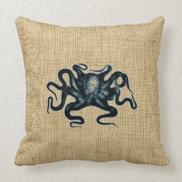 Burlap Blue Kraken Octopus Sealife Design Kussen