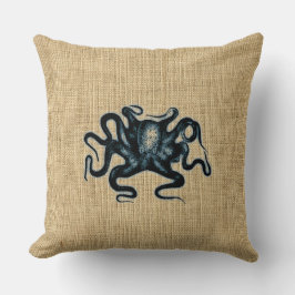 Burlap Blue Kraken Octopus Sealife Design Kussen