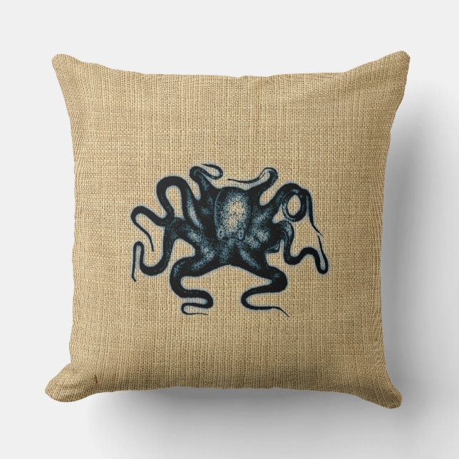 Burlap Blue Kraken Octopus Sealife Design Kussen (Voorkant)