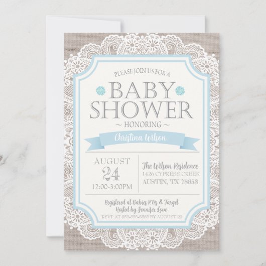Burlap Blue & Lace Baby shower Invitation Kaart (Voorkant)