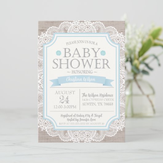 Burlap Blue & Lace Baby shower Invitation Kaart (Staand voorkant)