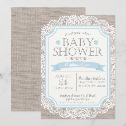 Burlap Blue & Lace Baby shower Invitation Kaart (Voorkant / Achterkant)
