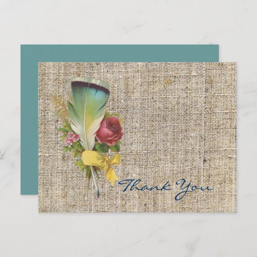 Burlap Boho Feather Wildflower Bohemian Bedankt Briefkaart (Voorkant / Achterkant)