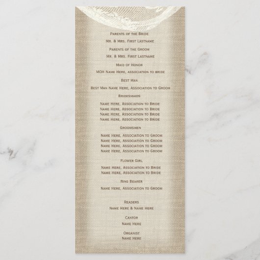 Burlap Bow and Lace Wedding Program Programmakaart (Achterkant)