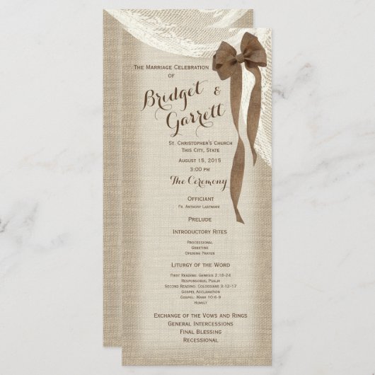 Burlap Bow and Lace Wedding Program Programmakaart (Voorkant / Achterkant)