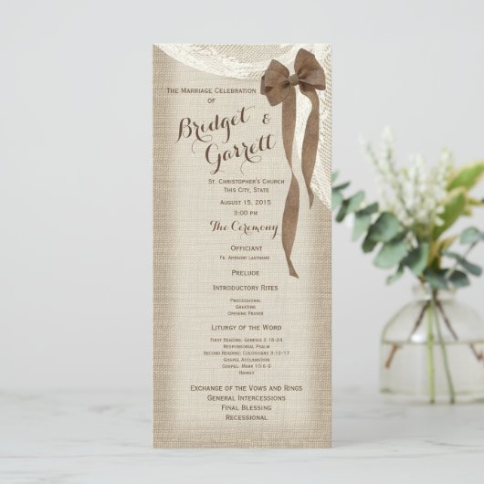 Burlap Bow and Lace Wedding Program Programmakaart (Staand voorkant)