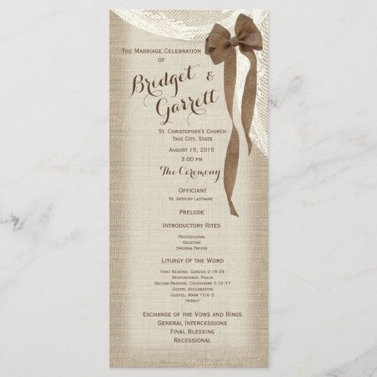 Burlap Bow and Lace Wedding Program Programmakaart (Voorkant)