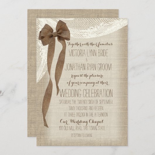 Burlap Bow en Lace Cascade Kaart (Voorkant / Achterkant)