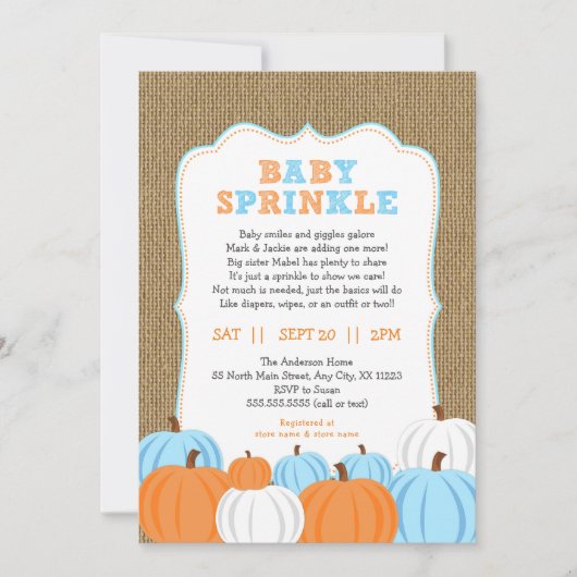 Burlap Boy Pumpkin baby strooi uitnodiging (Voorkant)