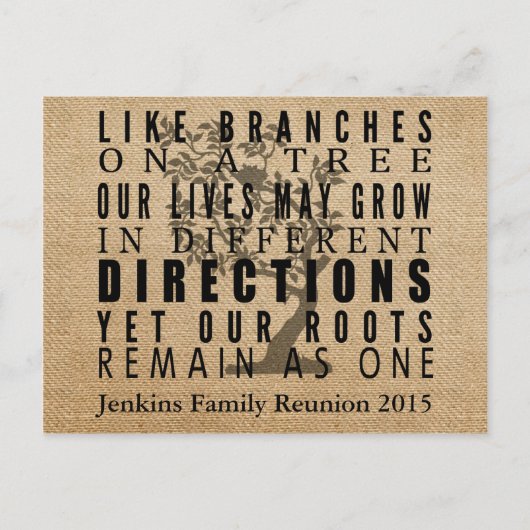Burlap Branches Tree Family Reunion Invitation Uitnodiging Briefkaart (Voorkant)