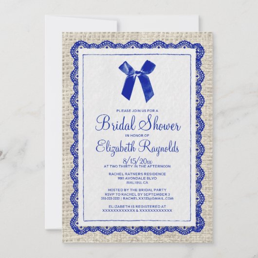 Burlap Bridal Shower-uitnodigingen van Navy Blue C Kaart (Voorkant)