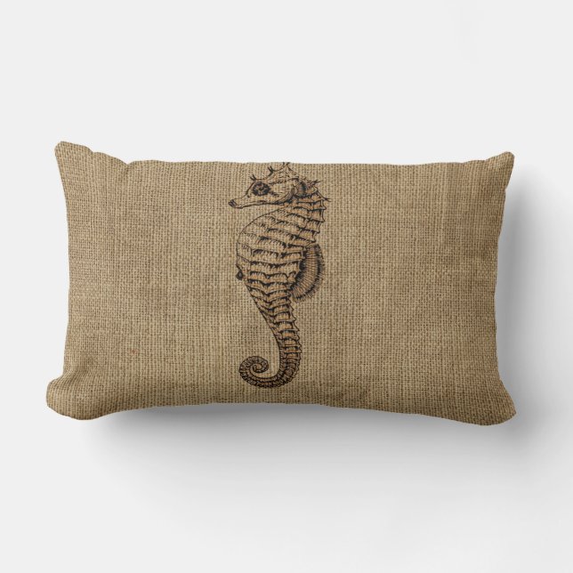 Burlap Bronze Seahorse Illustratie Sealife Design Kussen (Voorkant)