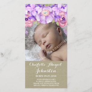 Burlap Brown Purple Flowers Dank je wel de douche Bedankkaart