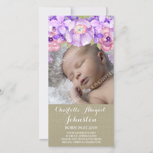 Burlap Brown Purple Flowers Dank je wel de douche Bedankkaart (Voorkant)