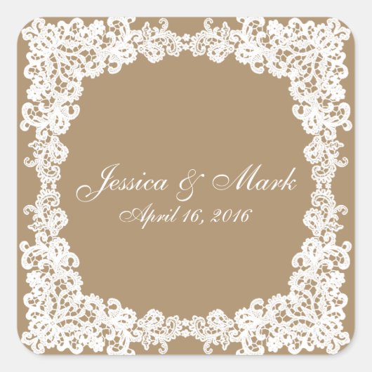 Burlap bruin en wit kant vierkante sticker (Voorkant)