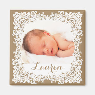 Burlap bruin & wit elegant kant fotoontwerp magneet