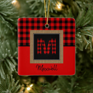 Burlap Buffalo Plays Red Black Monogram Naam Keramisch Ornament