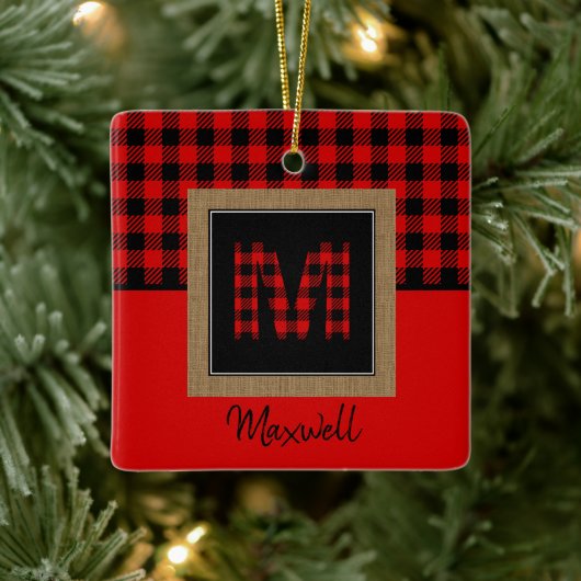 Burlap Buffalo Plays Red Black Monogram Naam Keramisch Ornament (Boom)