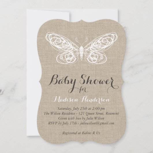 Burlap Butterfly Baby shower Invitation Kaart (Voorkant)
