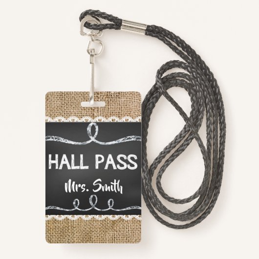 Burlap & Chalk Teacher Hall Pass voor klaslokaal Badge (Voorkant met draagriem)