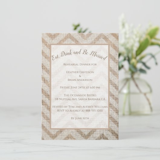 Burlap Chevron Wedding Rehearsal Dinner Invitation Kaart (Staand voorkant)